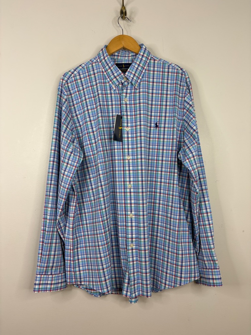 New Ralph Lauren Shirt Mens XXL Long Sleeve Button Down Blue Plaid Performance
